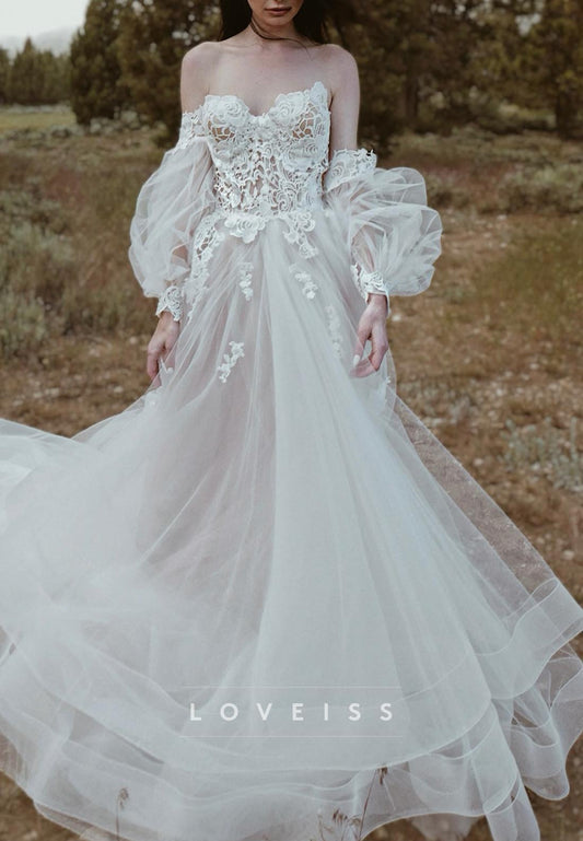 Sweetheart Appliques Long Sleeves A-Line Wedding Dress