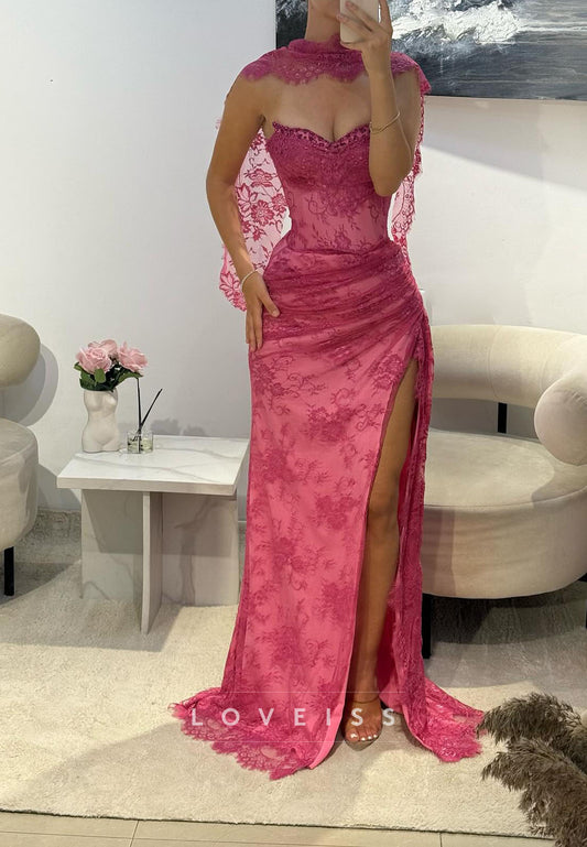Sweetheart Appliques Ruched Side Slit Sheath Prom Dress