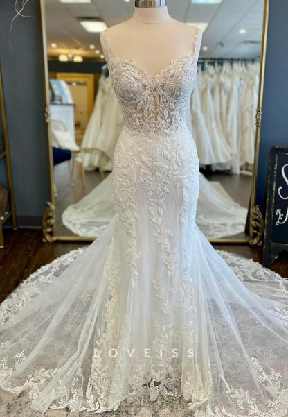 Sweetheart Appliques Spaghetti Straps Tulle Mermaid Weddingg Dress