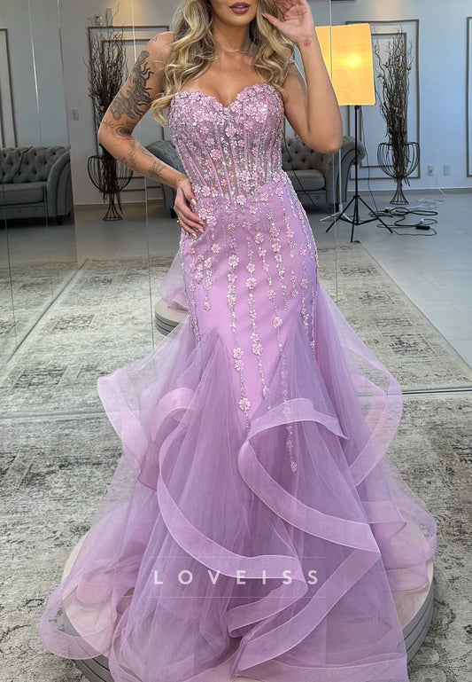 Sweetheart Appliques Tiered Mermaid Prom Dress