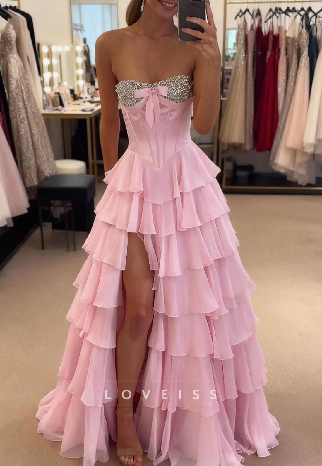 Sweetheart Beaded Chiffon Tiered A-Line Prom Dress