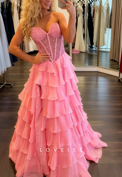 Sweetheart Beaded Chiffon Tiered A-Line Prom Dress