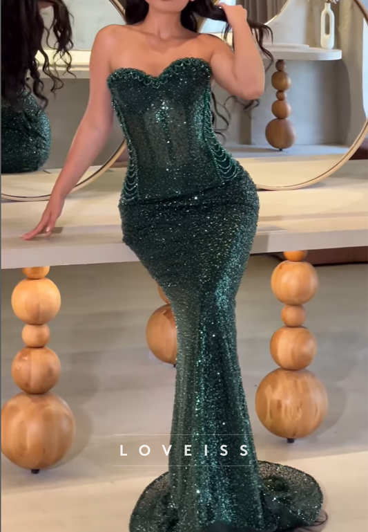 Sweetheart Beaded Embroidery Sleeveless Mermaid Sparkly Prom Dress