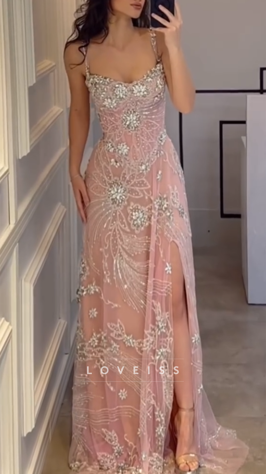 beaded embroidered prom dress Sweetheart Embroidery Sparkly A-Line – Loveiss Sequin Round Neck Long _waist training The hem and slight Color:Pink Blue