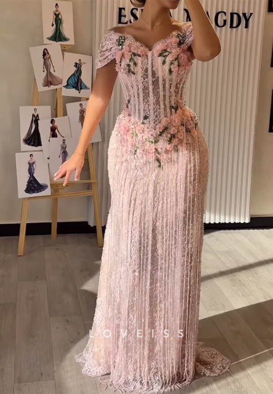 Sweetheart Beaded Fringe Floral Embellished Mermaid Prom Dress