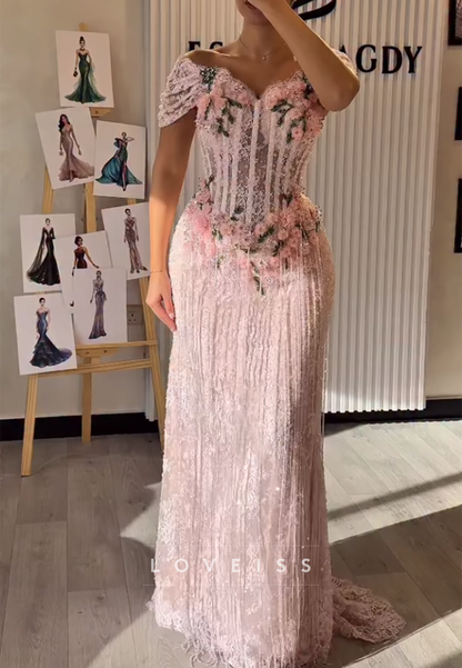 Sweetheart Beaded Fringe Floral Embellished Mermaid Prom Dress