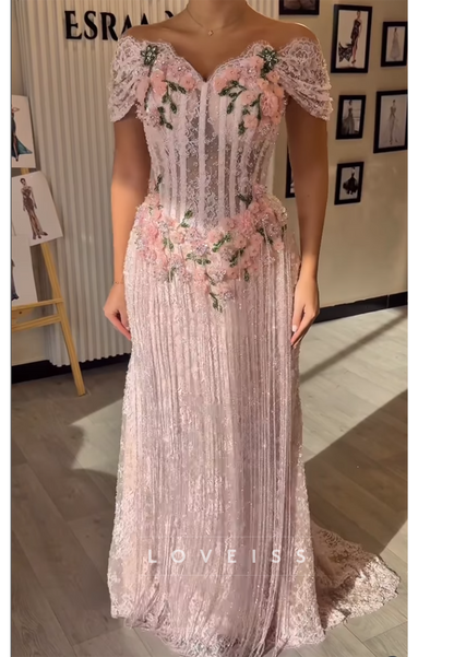 Sweetheart Beaded Fringe Floral Embellished Mermaid Prom Dress