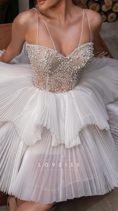 Sweetheart Beaded Pleated Tiered A-Line Short Wedding Dress