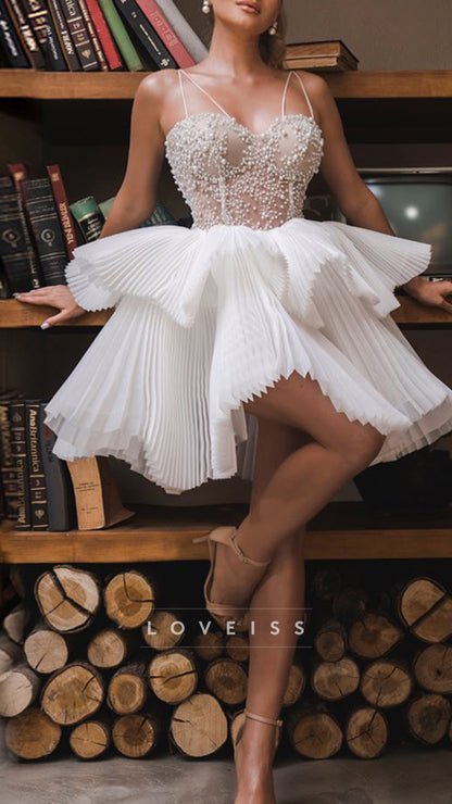 Sweetheart Beaded Pleated Tiered A-Line Short Wedding Dress
