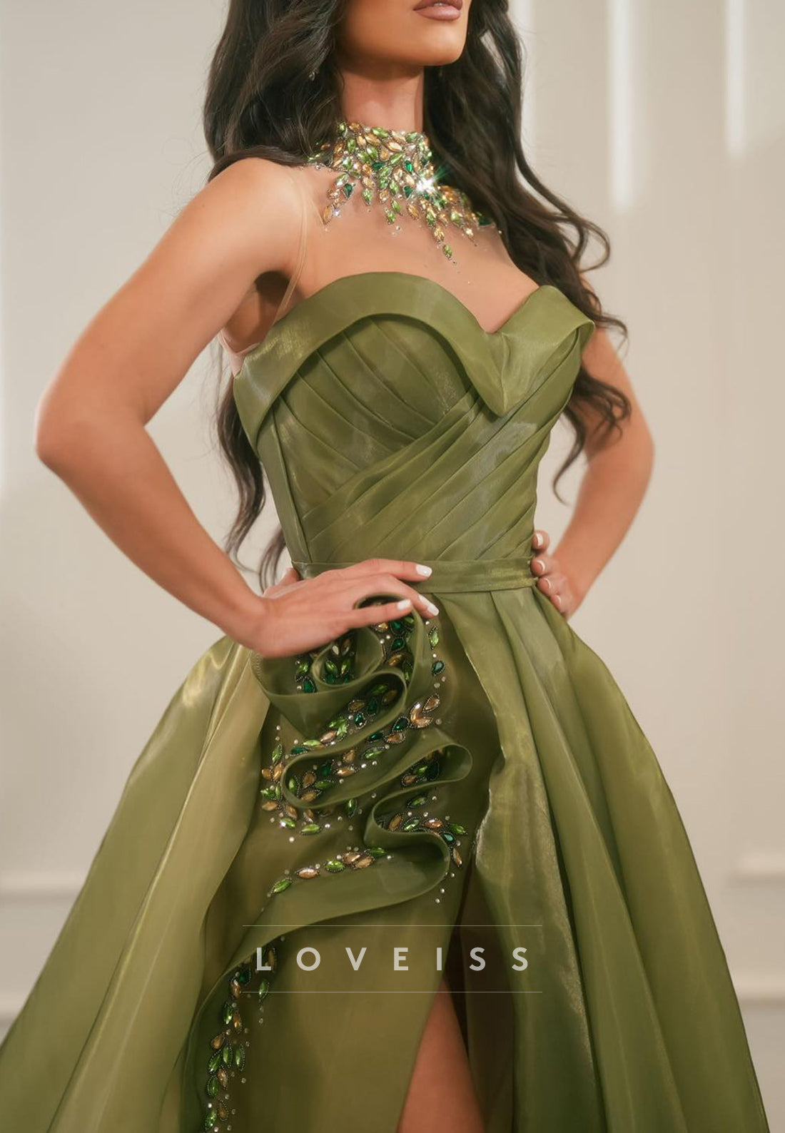 Sweetheart Beaded Side Slit Pleated A-Line Formal Dress