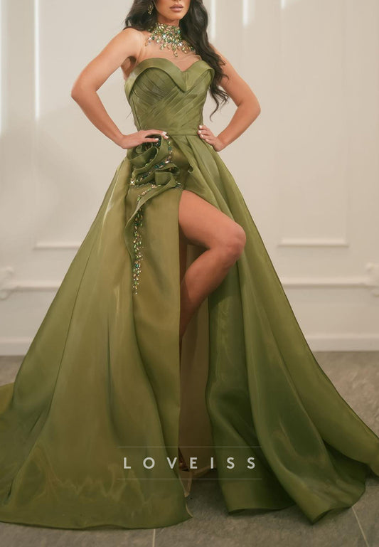 Sweetheart Beaded Side Slit Pleated A-Line Formal Dress
