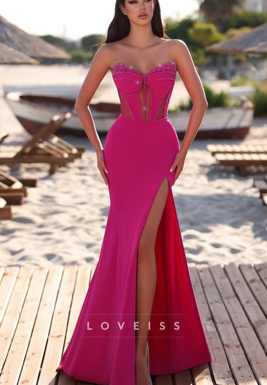 Sweetheart Beaded Slit Fitted Mermaid Prom Dress