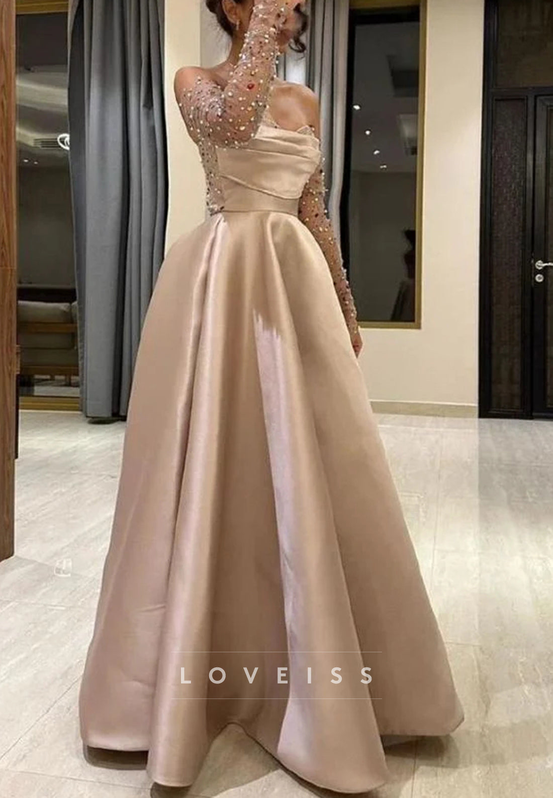 Sweetheart Beaded Sparkly Satin A-Line Prom Dress