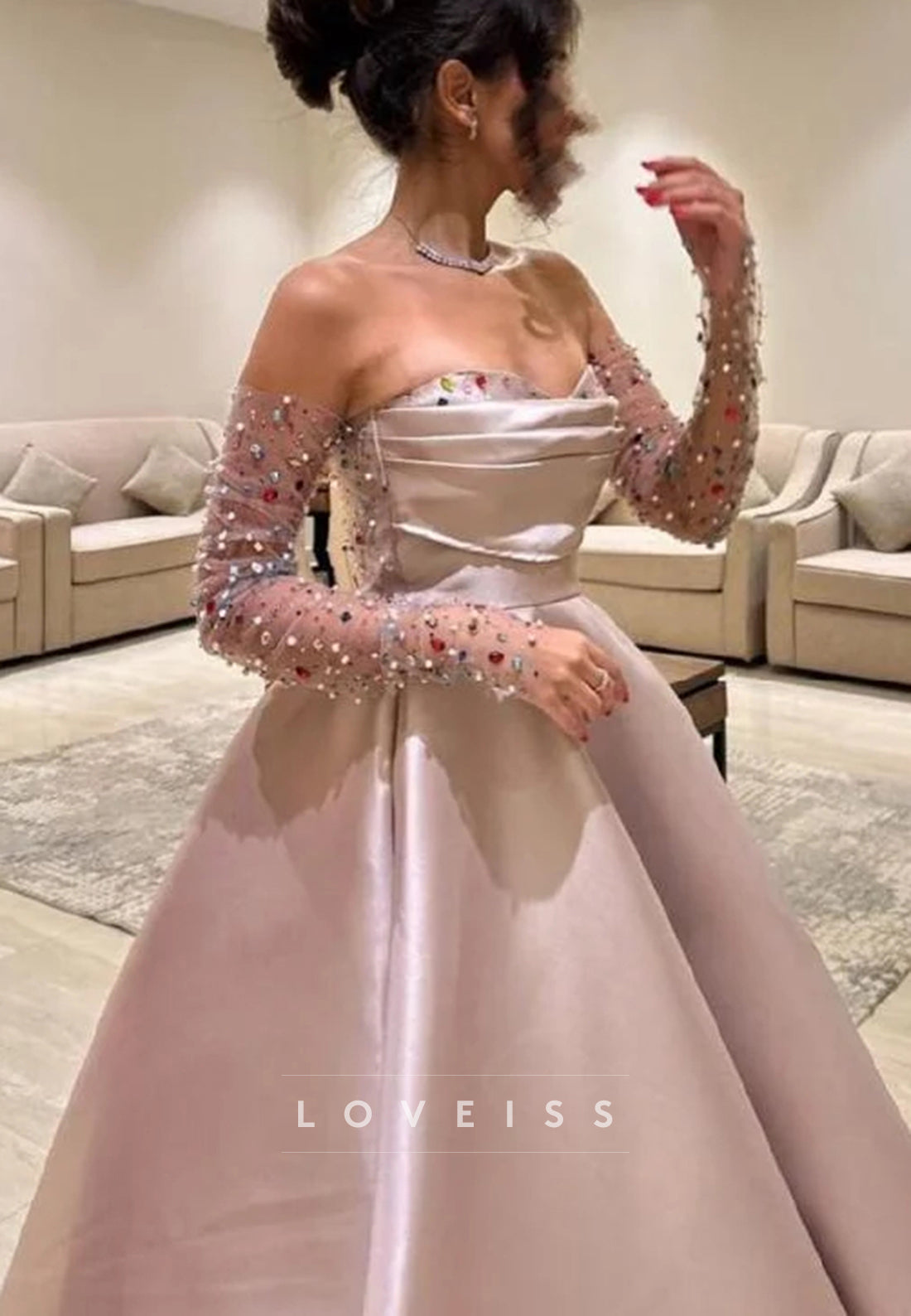 Sweetheart Beaded Sparkly Satin A-Line Prom Dress