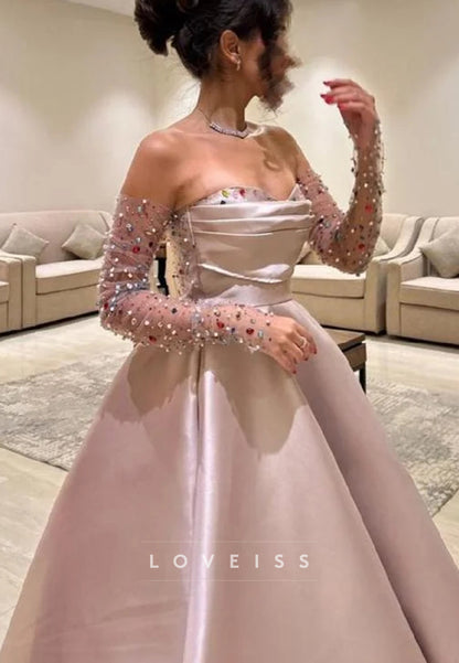 Sweetheart Beaded Sparkly Satin A-Line Prom Dress