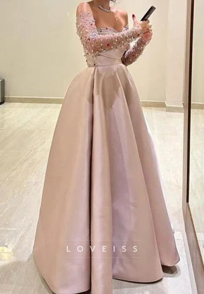 Sweetheart Beaded Sparkly Satin A-Line Prom Dress