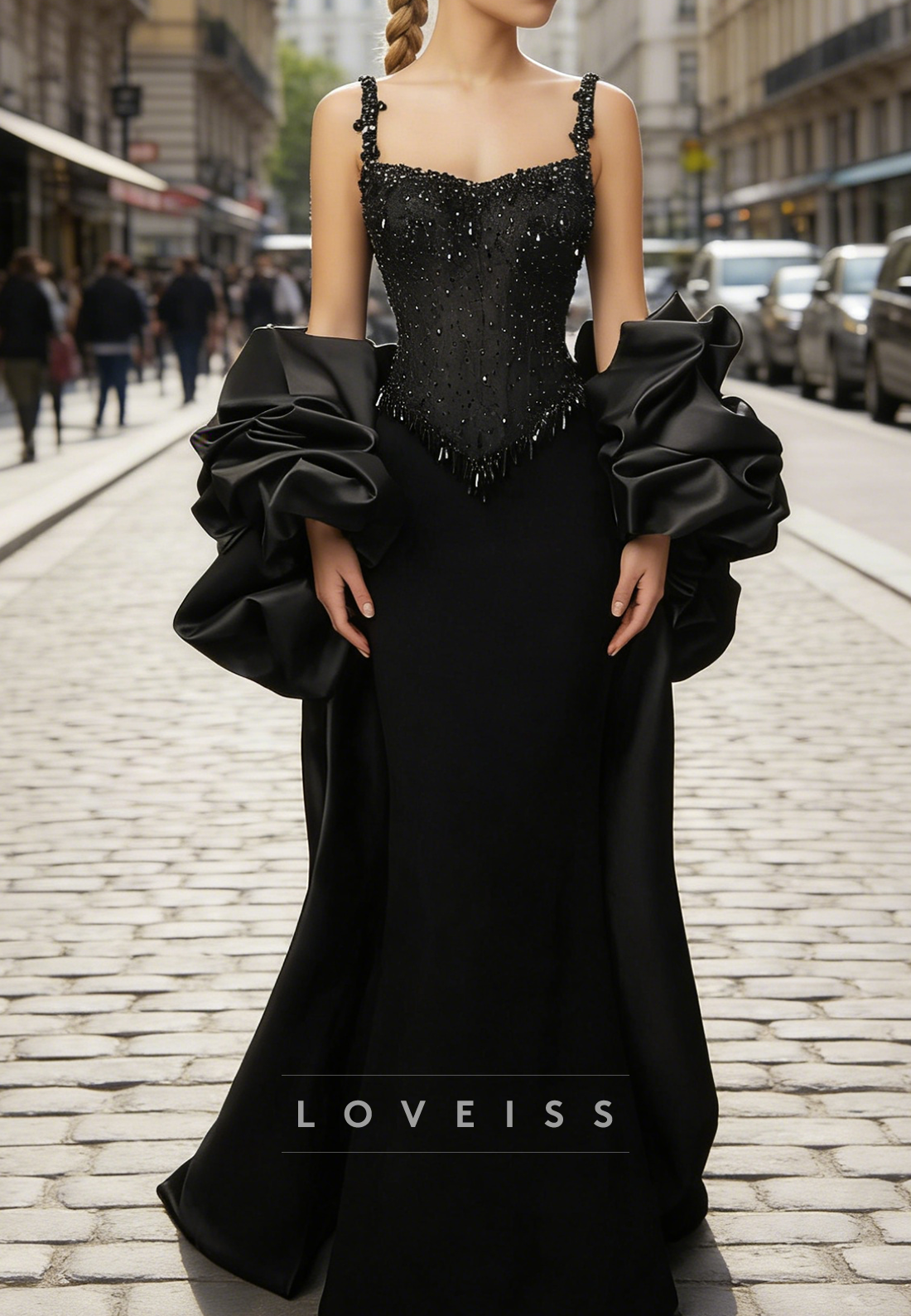 Sweetheart Beaded Straps Black Mermaid Prom Dress