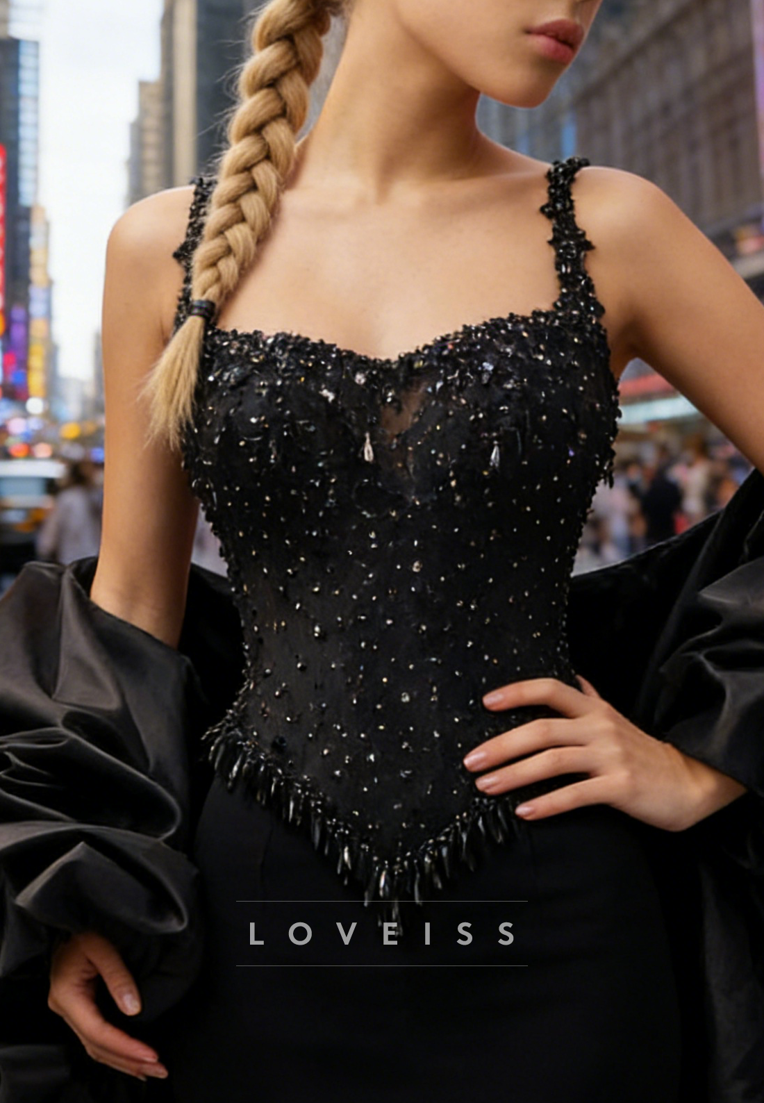 Sweetheart Beaded Straps Black Mermaid Prom Dress