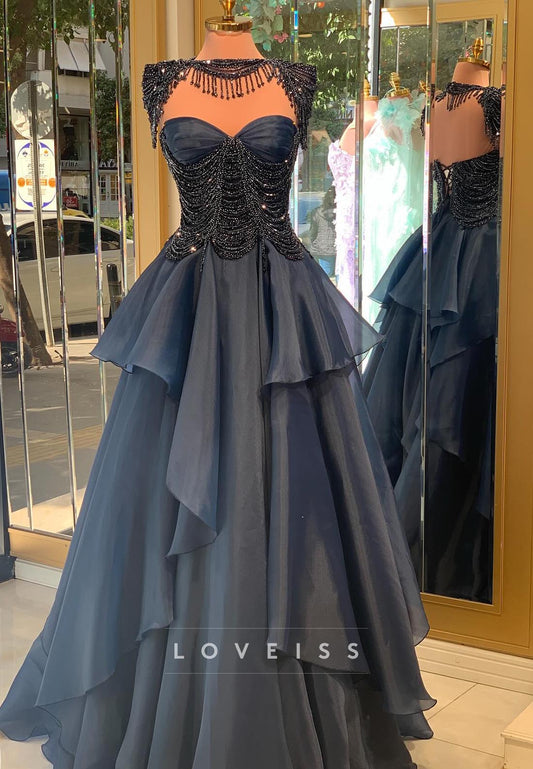 Sweetheart Beaded Tiered A-Line Black Prom Dress