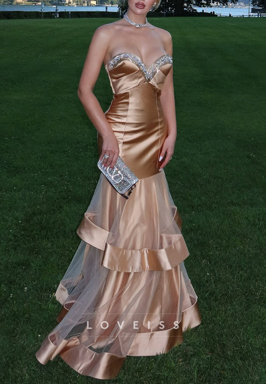 Sweetheart Beaded Tiered Mermaid Evening Dress