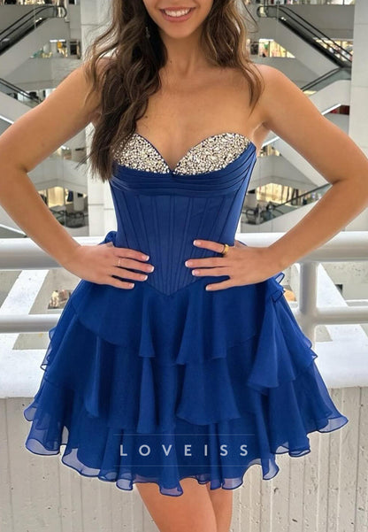 Sweetheart Beaed Tiered A-Line Short Homecoming Dress