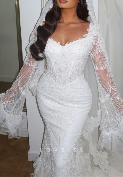 Sweetheart Bell Sleeves Lace Appliques Mermaid Wedding Dress