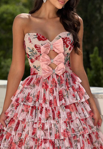 Sweetheart Bow Floral Printed Tiered Ball Gown Prom Dress