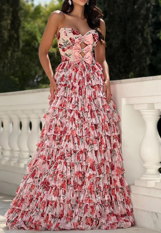 Sweetheart Bow Floral Printed Tiered Ball Gown Prom Dress