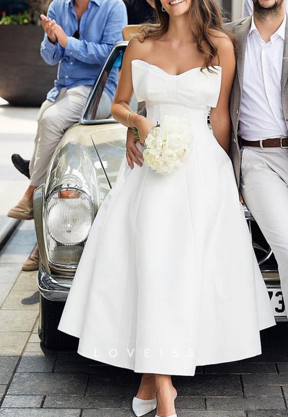 Sweetheart Bow Sleek Satin Midi A-Line Wedding Dress