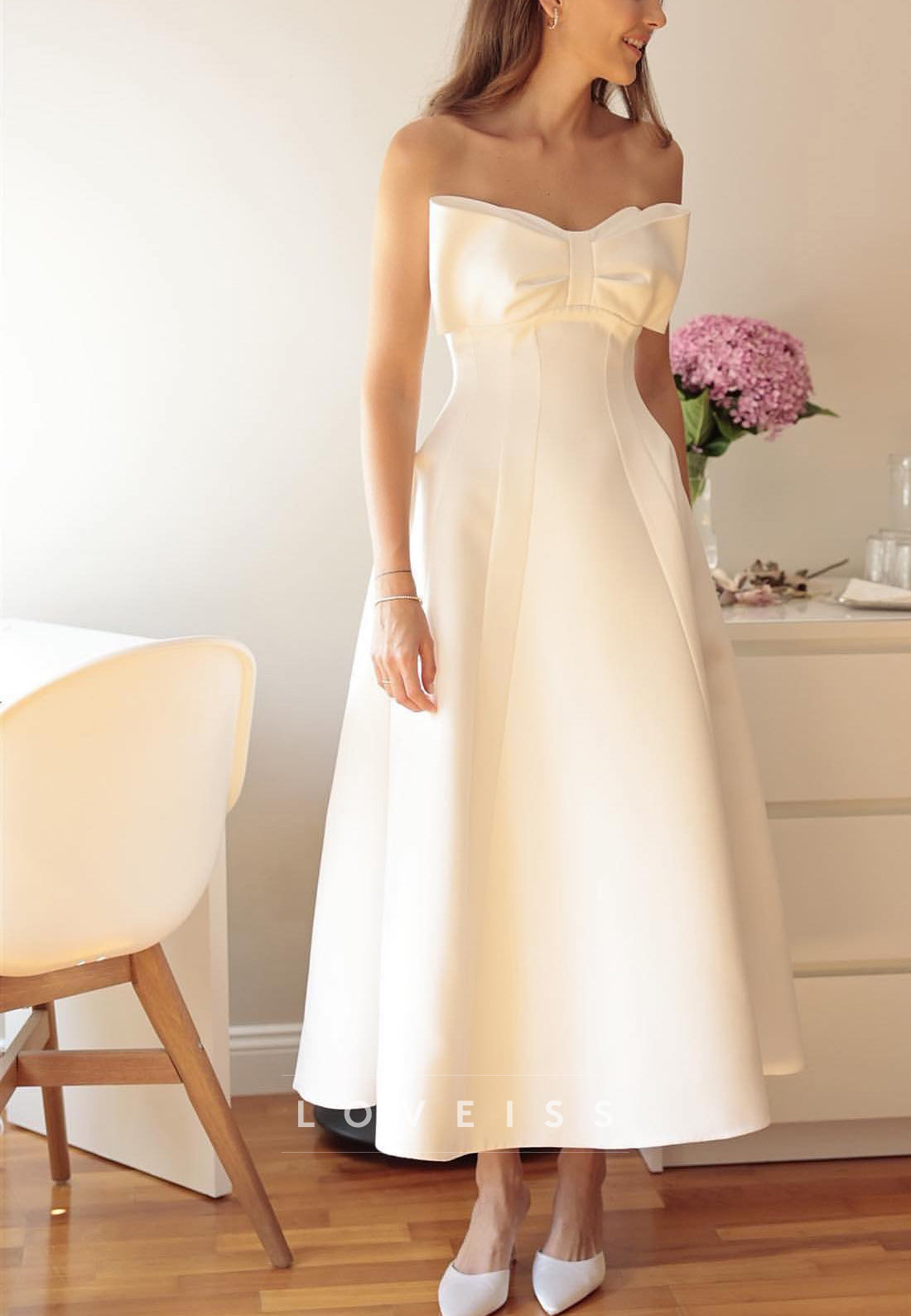 Sweetheart Bow Sleek Satin Midi A-Line Wedding Dress