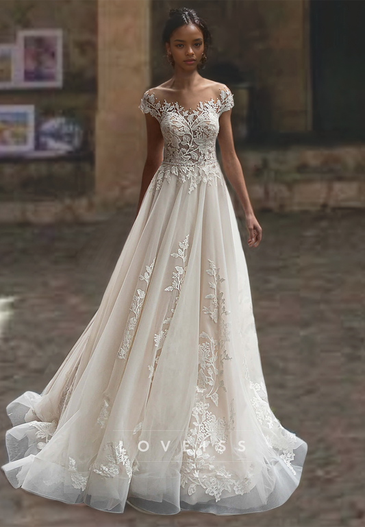 Sweetheart Cap Sleeves Appliques Tulle A-Line Wedding Dress