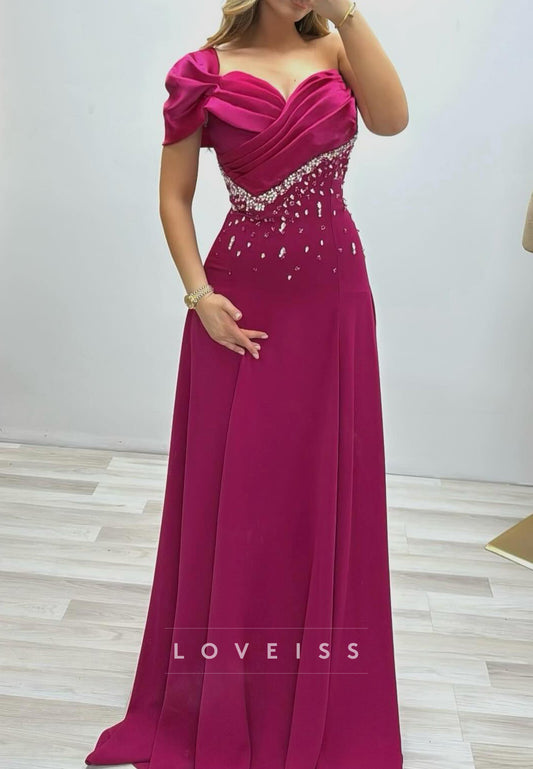 Sweetheart Cap Sleeves Beaded A-Line Evening Dress