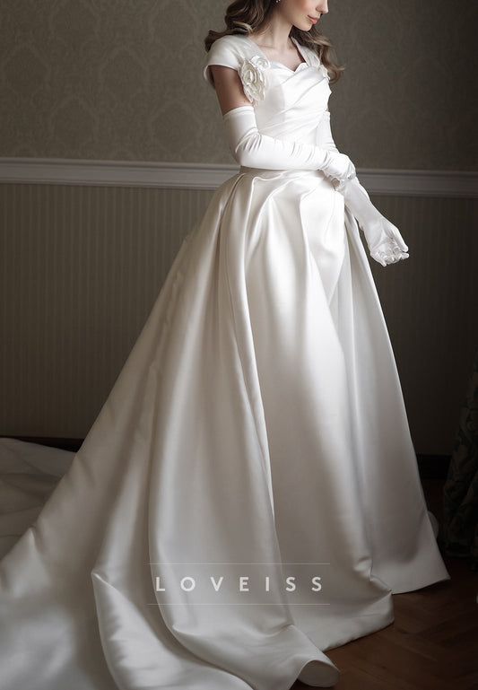 Sweetheart Cap Sleeves Pleated Satin Floral Embellished A-Line Wedding Dress