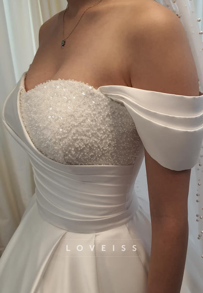 Sweetheart Cap Sleeves Satin Beaded A-Line Wedding Dress
