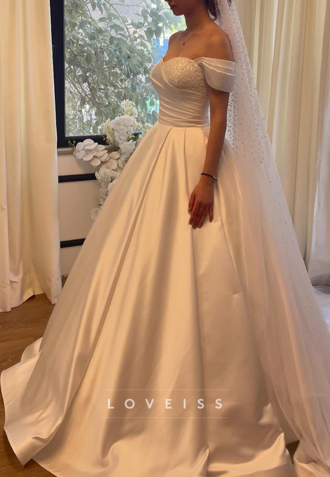 Sweetheart Cap Sleeves Satin Beaded A-Line Wedding Dress