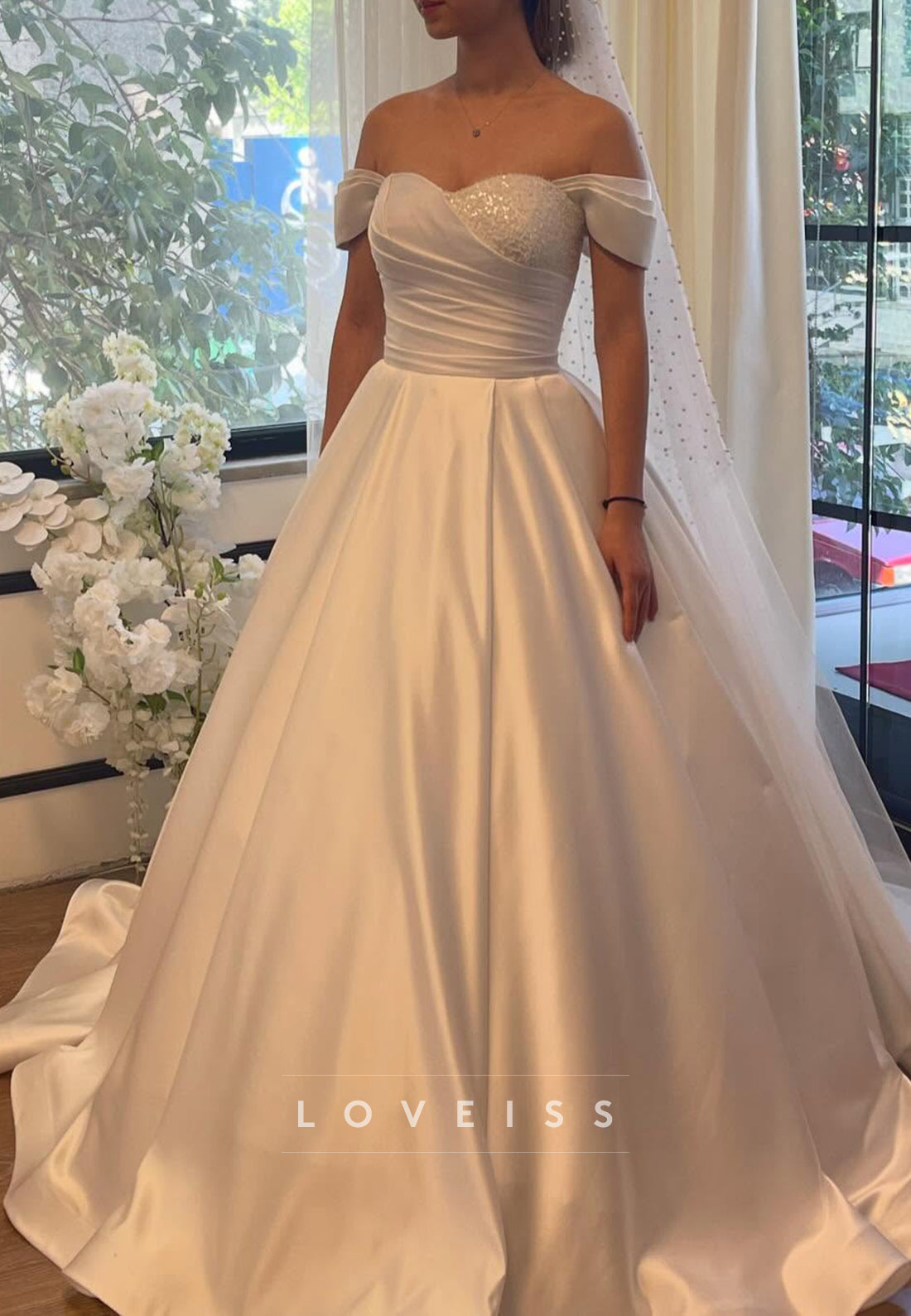 Sweetheart Cap Sleeves Satin Beaded A-Line Wedding Dress