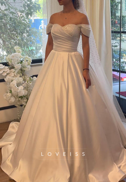 Sweetheart Cap Sleeves Satin Beaded A-Line Wedding Dress