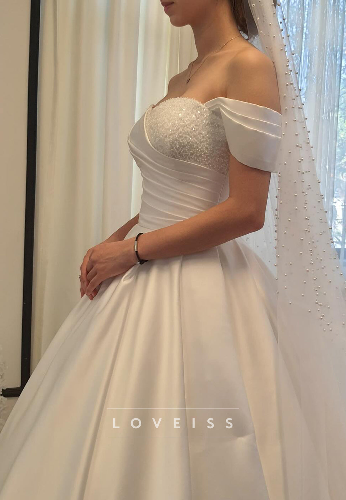 Sweetheart Cap Sleeves Satin Beaded A-Line Wedding Dress