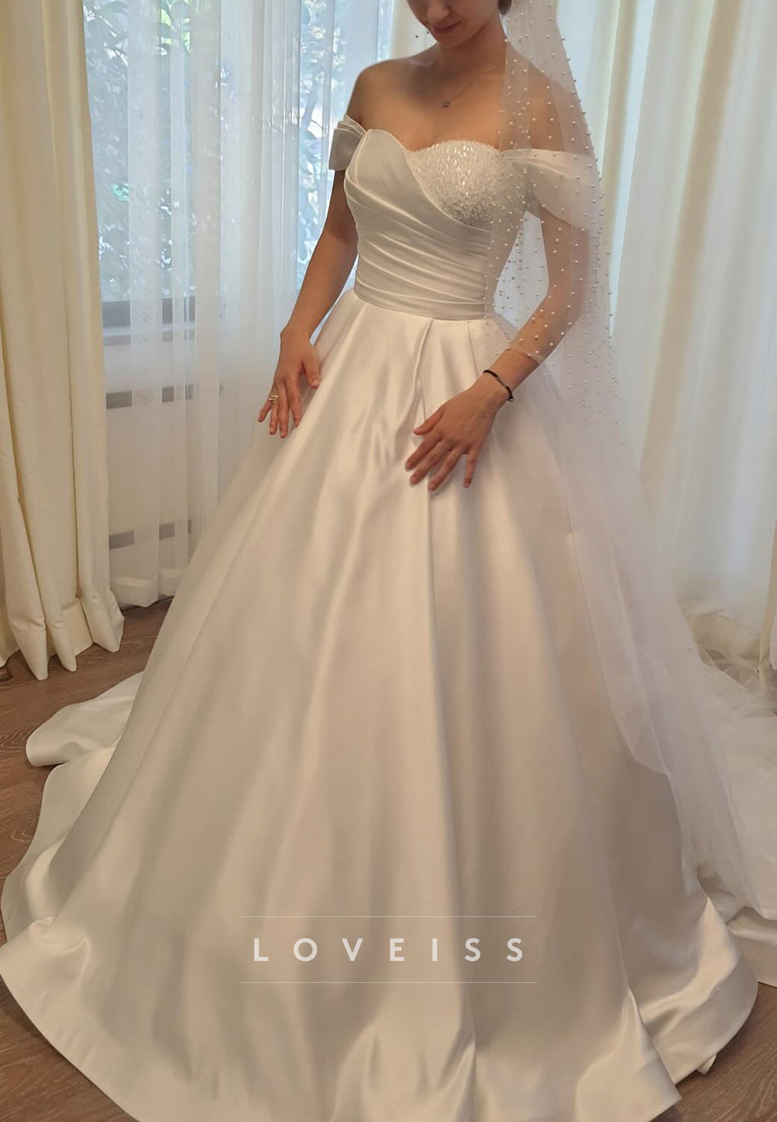 Sweetheart Cap Sleeves Satin Beaded A-Line Wedding Dress
