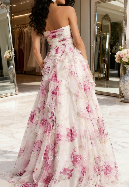 Sweetheart Chiffon Floral Printed Tiered A-Line Prom Dress