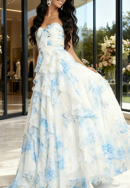 Sweetheart Chiffon Floral Printed Tiered A-Line Prom Dress