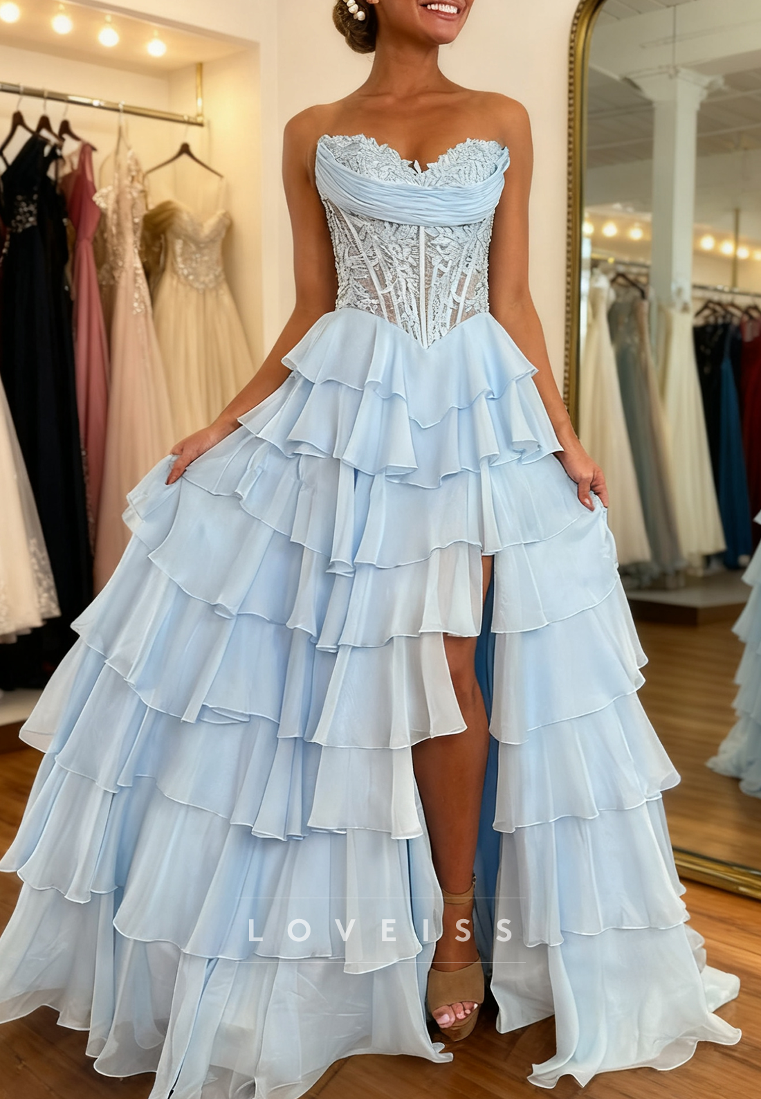 Sweetheart Chiffon Tiered Ball Gown Prom Dress