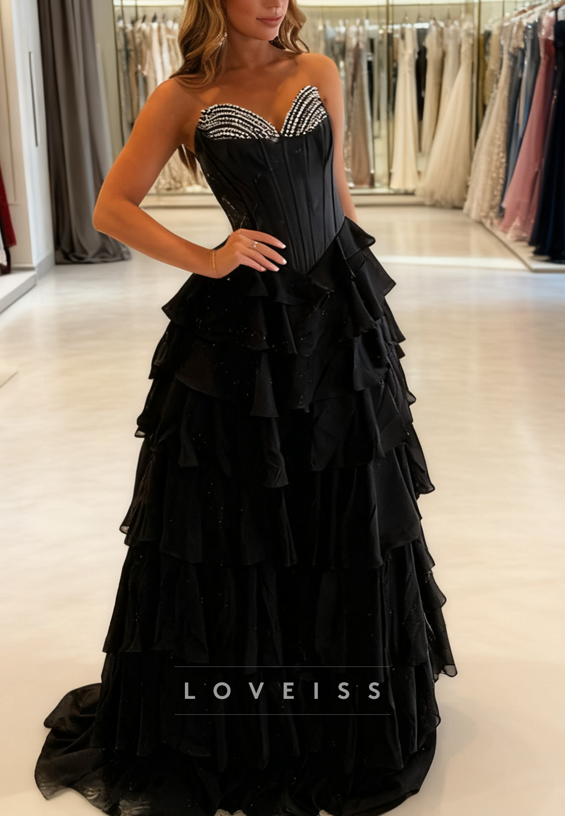 Sweetheart Chiffon Tiered Black Beaded Prom Dress