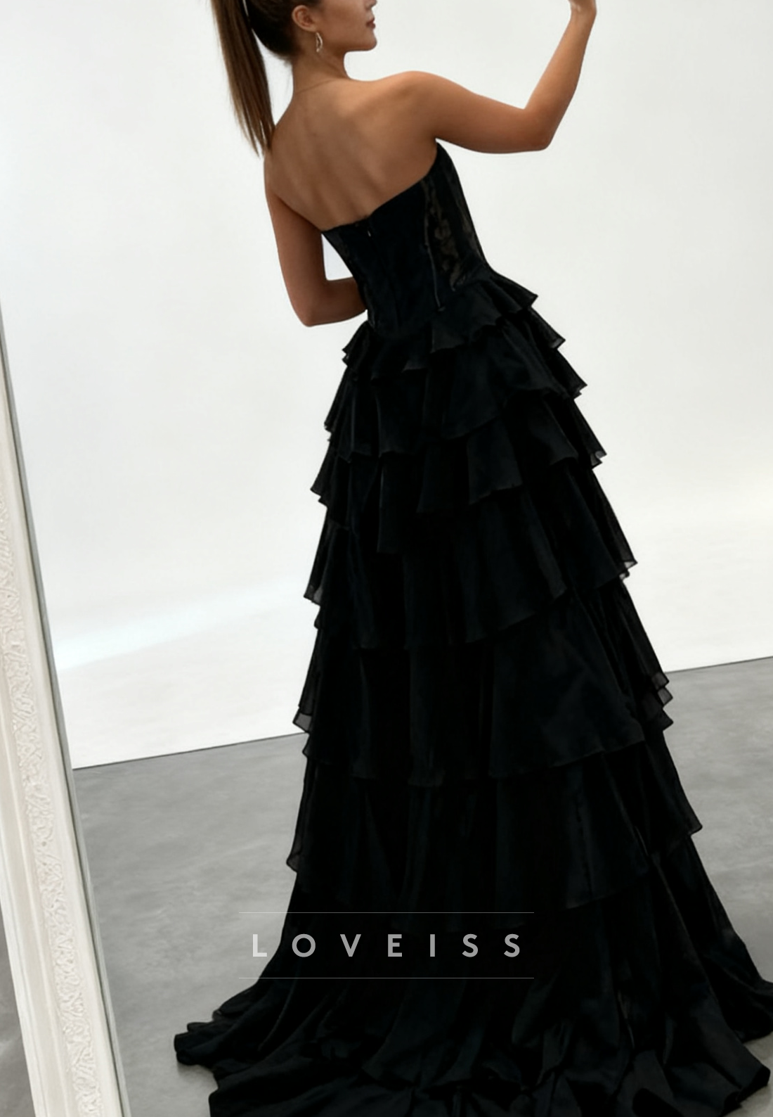 Sweetheart Chiffon Tiered Black Beaded Prom Dress