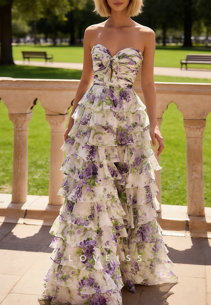 Sweetheart Floral Printed Chiffon A-Line Prom Dress