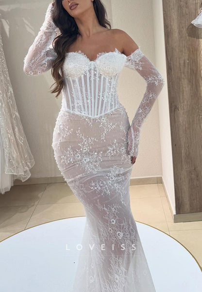 Sweetheart Corset Lace Appliques Long Sleeves Mermaid Wedding Dress