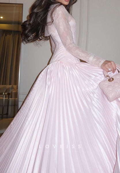 Sweetheart Corset Long Sleeves Pleated A-Line Evening Dress
