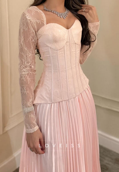Sweetheart Corset Long Sleeves Pleated A-Line Evening Dress