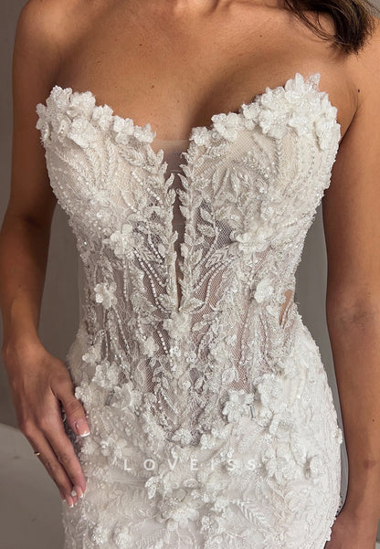 Sweetheart Detachable Train Floral Appliques Mermaid Wedding Dress