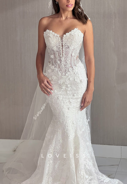Sweetheart Detachable Train Floral Appliques Mermaid Wedding Dress